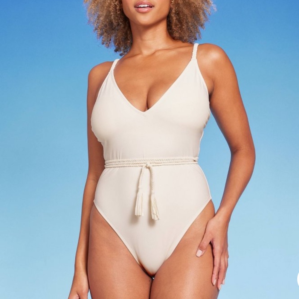 Shade & Shore Off White One Piece Swim with Braided Tie Belt Size L
